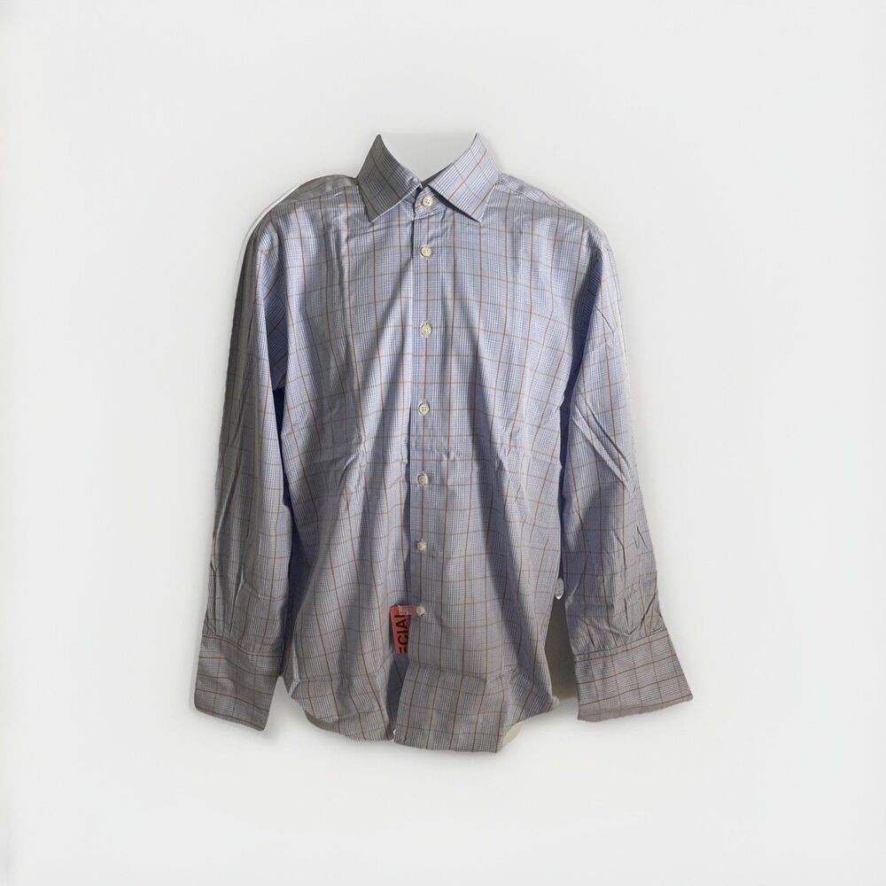 T.M. Lewin Mens Regular Fit Lewin 100 Blue Gold Plaid Check Dress Shirt 15.5 33